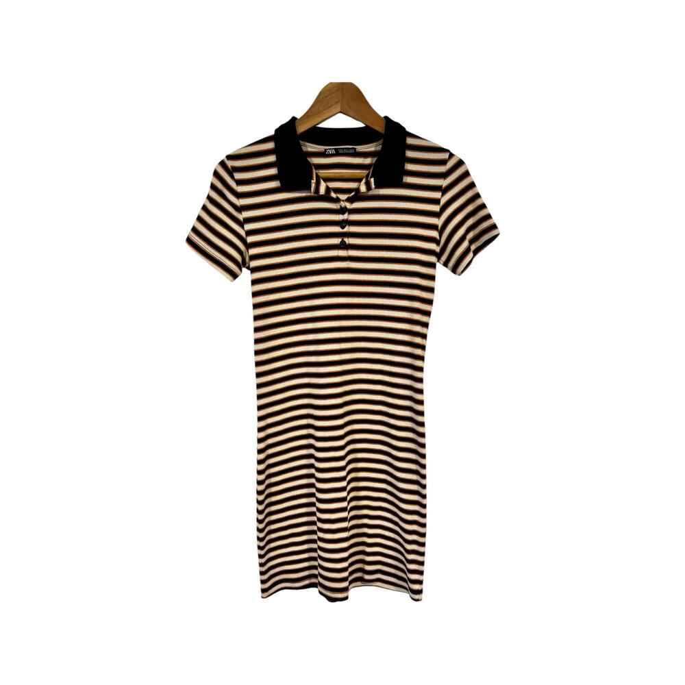 Zara Striped Polo Mini Dress - Jey Aesthetic Essential Y2K Cream Orange Black S - Picture 2 of 6